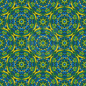 Squared background - ornamental seamless pattern in green, blue and yellow colors. Design for bandanna, carpet, shawl, pillow or cushion.