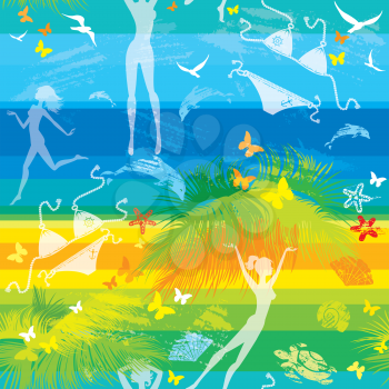 seamless summer beach pattern with people, palms, dolphins and butterflies on striped background