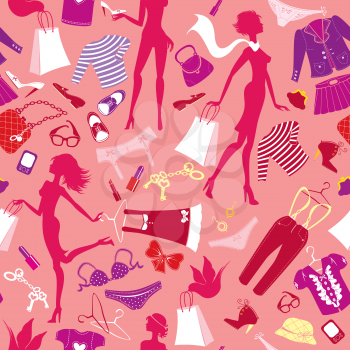 Seamless pattern in pink colours - Silhouettes of fashionable girls with colorful glamor clothes and accessories