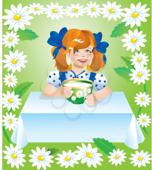 girl with cup of milk and camomile border