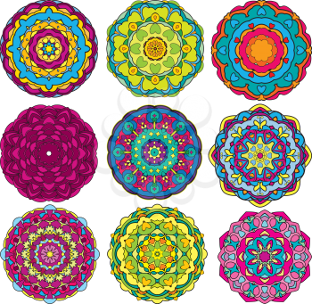 Set of 9 colorful round ornaments, kaleidoscope floral patterns. 