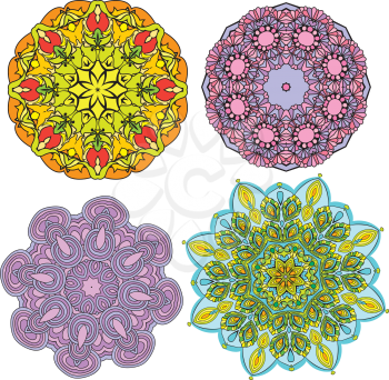 Set of 4 colorful round ornaments, kaleidoscope floral patterns.