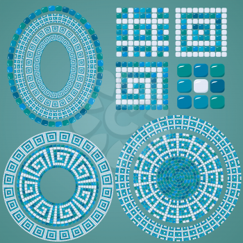 Set of Mosaic patterns - Blue ceramic oval and round frames - classic geometric ornaments 