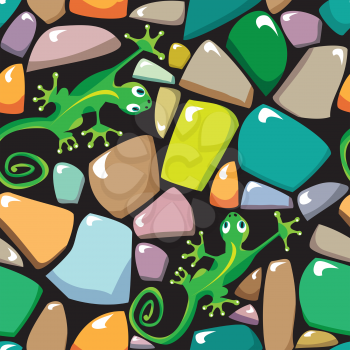 Seamless texture of colorful pebble stonewall with lizards.