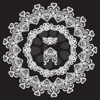 Round Frame - floral lace ornament - white on black background. 