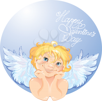 Cute angel in the round frame. Valentines Day card design.