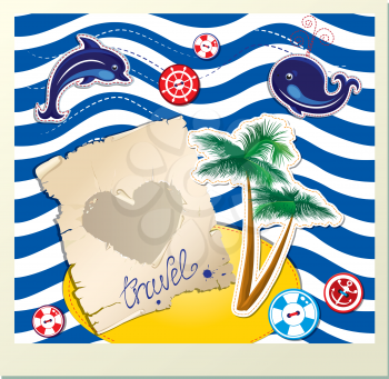 Funny Card with dolphin, whale, island with palms on stripe background