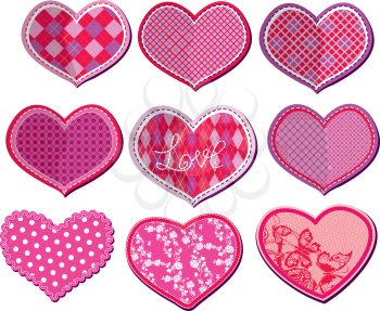 Scrapbook set of hearts in stitched textile style 