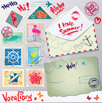 Set of vintage post stamps, postcard and envelope for Vacations or travel design.