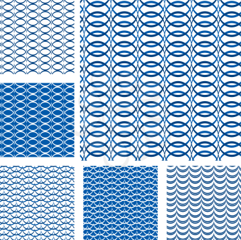 Set of seamless patterns - blue waves and grids.