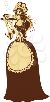 Beautiful girl with coffee cup and pot dressing vintage clothes. Illustration in brown and beige colors