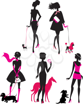 Set of black silhouettes of fashionable girls with their pets - dogs (dachshund, terrier, poodle, chihuahua) on a white background 
