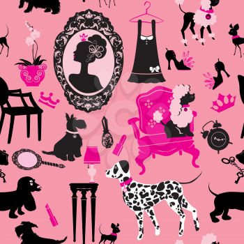 Seamless pattern with glamour accessories, furniture, girl portrait and dogs (Dalmatian, dachshund, terrier, poodle, chihuahua)  - black silhouettes on pink background. Ready to use as swatch.