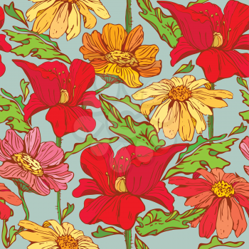 Floral Seamless Pattern with hand drawn flowers - poppy flowers and camomile on blue background. 