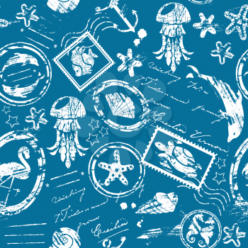 Seamless pattern with Sea and tropical elements - rubber stamps collection - white silhouette on blue background
