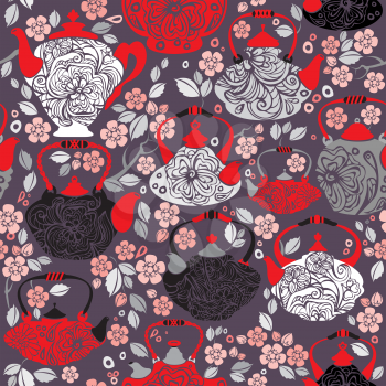 Seamless pattern with retro design china tea pots and sakura flowers - vintage background. 