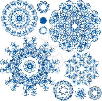 Set of  blue floral circle patterns. Background in the style of Chinese painting on porcelain. Ornamental design elements. 