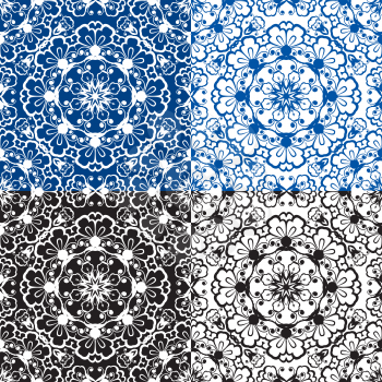 Seamless blue color and black and white floral patterns. Ornamental Background. 