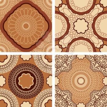 Set of squared backgrounds - ornamental seamless patterns in brown, chocolate colors. Design for bandanna, carpet, shawl, pillow or cushion. 