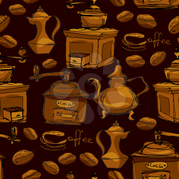 Seamless pattern with handdrawn coffee cups, beans, grinder, coffee pot, calligraphic text COFFEE. Background design for cafe or restaurant menu.