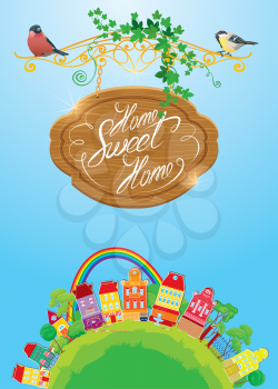 Decorative colorful houses, trees, rainbow and birds on sky background, spring or summer season. Card with small fairy town and calligraphic text Home, sweet home. 