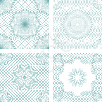 Set of seamless patterns - Guilloche ornamental Elements for Certificate, Money, Diploma, Voucher, decorative round frames.  Vintage backgrounds. Ready to use as swatch