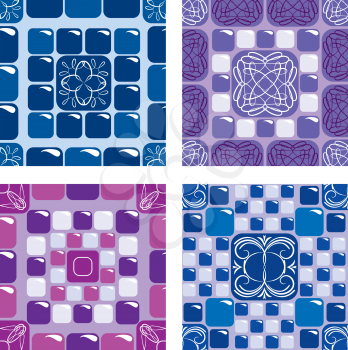 Set of seamless mosaic patterns - Blue and purple ceramic tiles - classical geometric ornament. Ready to use as swatch