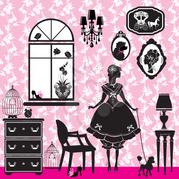 Princess Room with glamour accessories, furniture, cages, pictures. Rrincess girl and dog - black silhouettes on pink background  - illustration for girls. 