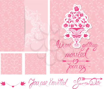 Set of Wedding invitation cards with floral elements, calligraphic handwritten text, background floral patterns in pink colors.