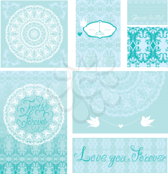 Set of wedding invitations and announcements with vintage background ornaments in blue colors. 