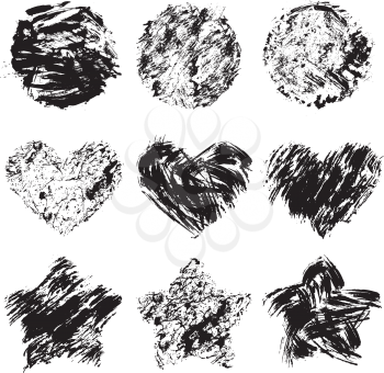 Set of  grunge black color figures - circles, hearts, stars. Isolated on white background.