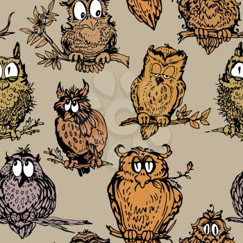 Seamless pattern with cute owls on branch. Hand drawn background.