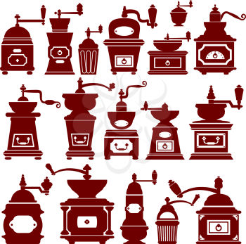 Set with different shapes vintage coffee mills silhouettes. Elements for cafe or restaurant menu design.