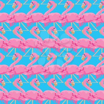 Seamless pattern with pink flamingos on blue background