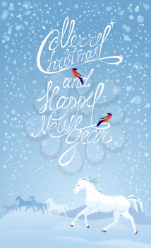Christmas and New Year holidays card with white horses and bullfinches.
