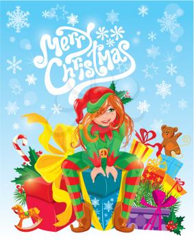 Red hair girl, X-mas Elf with gifts boxes, toys, presents. Merry Christmas card.