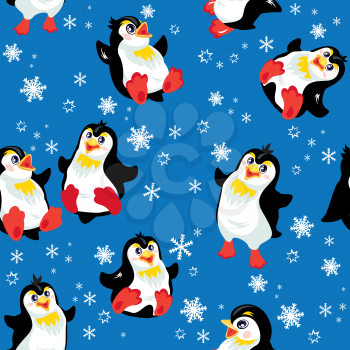 Seamless pattern with funny penguins and snowflakes on blue background, design for winter, Christmas or New Year themes