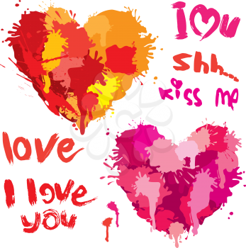 Set of Heart shapes are made of brush strokes and blots and handwritten text I love you - elements for Valentines Day or wedding design.