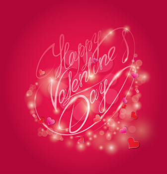 Happy Valentine`s Day. Calligraphic element, holiday card with hearts, lights and handwritten text