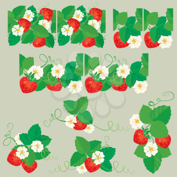 Line ornament with Strawberries in heart shapes with flowers and leaves isolated on gray background. Pattern endless fragments and vignettes.