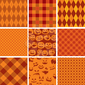 Set of Halloween plaid seamless patterns in orange and brown colors