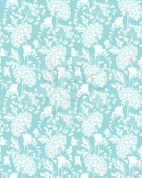 Seamless pattern with Realistic graphic flowers - sweet pea and gardenia - hand drawn background in white and blue colors.