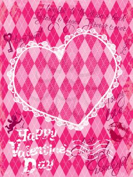 Holiday Card with vintage lace heart, angel and  calligraphic hand drawn text Happy Valentines day on pink grunge checkered argyle background.