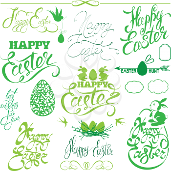 Set of Happy Easter holiday calligraphy. Hand lettering greetings, symbols, icons in green color, isolated on white background.