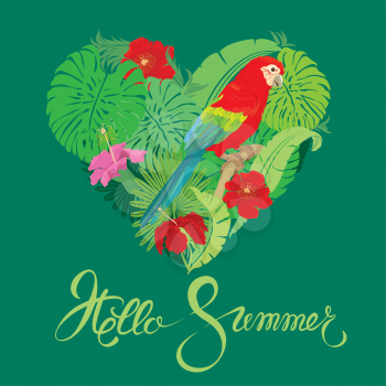 Seasonal card with Heart shape, palm trees leaves and Red Blue Macaw parrot. Handwritten calligraphic text Hello Summer. Element for travel and vacation design.