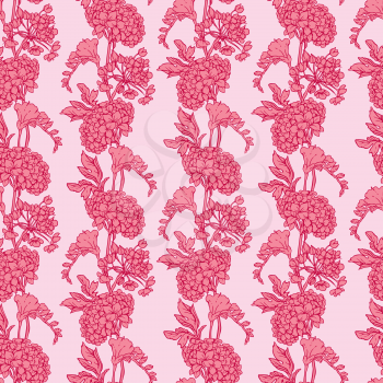Seamless pattern with Realistic graphic flowers - gardenia - hand drawn background in pink colors. 