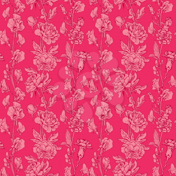 Seamless pattern with Realistic graphic flowers - peony and clove - hand drawn background in pink colors. 