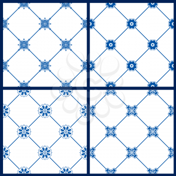 Set of seamless patterns - blue and white ceramic tiles with floral ornament - wall Vintage Background Collection