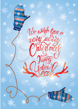Greeting card with cute blue knitted mitten pair and snowflakes. Calligraphic Hand drawn text We wish you a very Merry Christmas and Happy New Year. Winter holidays design.