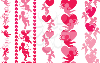 Set of 5 vertical lines, Seamless patterns with silhouettes of angel and heart. Calligraphic text You are my angel. Design elements for Happy Valentine`s Day holiday. Pink background, Love concept.